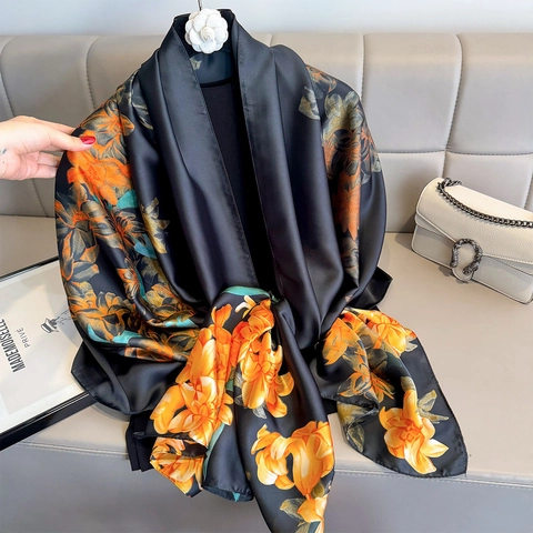 Elegante Sciarpa Con Stampa Floreale Lunga Imitazione Raso Satin Protezione Solare Scialle Da Spiaggia Per Donne