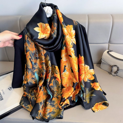 Elegante Sciarpa Con Stampa Floreale Lunga Imitazione Raso Satin Protezione Solare Scialle Da Spiaggia Per Donne