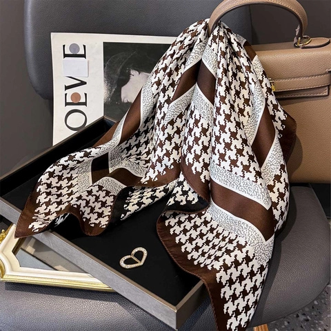 Houndstooth Mulberry Satin Square Scarf Elegant Twill Weave Fashion Neck Head Wrap For Women