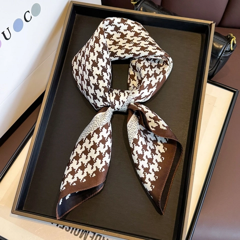 Houndstooth Mulberry Satin Square Scarf Elegant Twill Weave Fashion Neck Head Wrap For Women