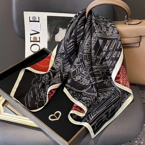 Foulard Quadrato In Raso Doppia Faccia Twill Stampa Architettonica Stile Francese Sciarpa Professionale Da Donna