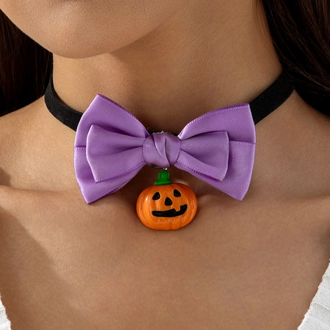 Collier Choker Halloween Avec Nœud Violet Pendentif Citrouille Ruban Polyester Noir Bijoux De Fête Ajustables Pour Femmes