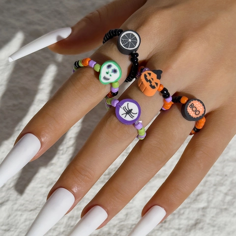Anelli Di Perline Di Halloween Con Ciondoli Zucca Teschio Ragno Fantasma Gioielli In Resina Elastica