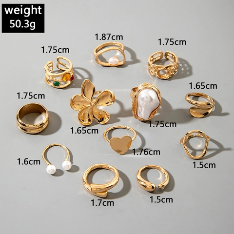 Vintage Gold Alloy Rings With Imitation Artificial Baroque Pearl Heart Flower And Colorful Artificial Gemstones For Women