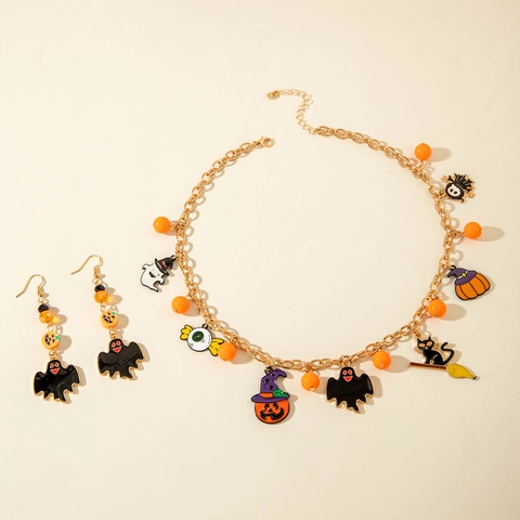 Gioielli Halloween Collana E Orecchini Lega Smalto Zucca Fantasma Pipistrello Gatto Nero Accessori Gotici Festivi