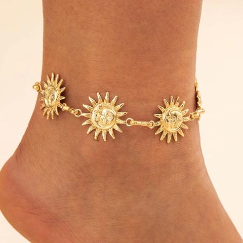 Cavigliera Retro Con Viso Di Sole Per Donne Lega Stile Etnico Bohémien Catena Per Piedi Regolabile Gioielli Vintage