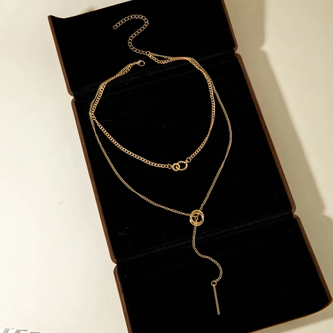 Multi Layer Y Shaped Necklace Alloy Geometric Round Ring And Vertical Bar Pendant Stylish Fashion Accessory For Women