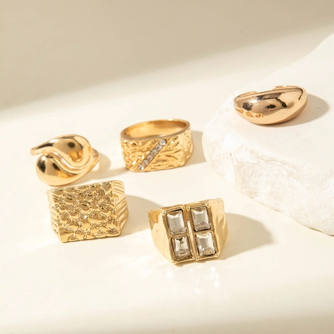 Bagues Empilables Minimalistes Alliage Fausse Künstliche Perle Géométrique Creux Ouvert Réglable Bijoux Style Vintage Accessoire Femmes