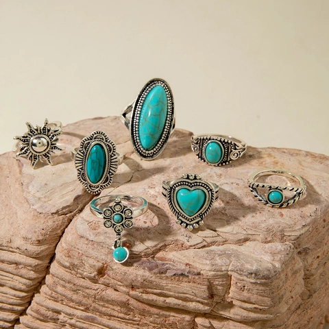Anelli Boho Vintage Turchese Lega Argento Retrò Sole Cuore Fiore Geometrico Stile Etnico Per Donne