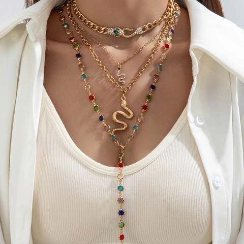 Gold Plated Iron Alloy Snake Pendant Layered Necklaces For Women Luxury Rhinestone Colorful Gemstone Y-Shaped Long Chain Jewelry