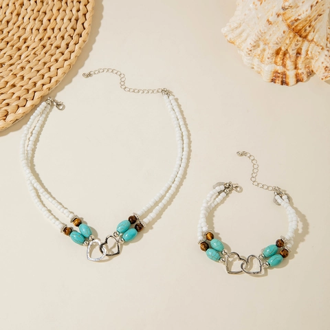 Bohemian Jewelry Women Double Layer White Seed Beads Turquoise Alloy Interlocking Heart Necklace Bracelet Anklet Beach