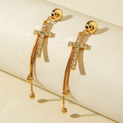 Orecchini Pendenti A Croce Con Nappine Lega Tonalità Oro Con Strass Frangia Lunga Gioielli Moda Vintage Per Donna