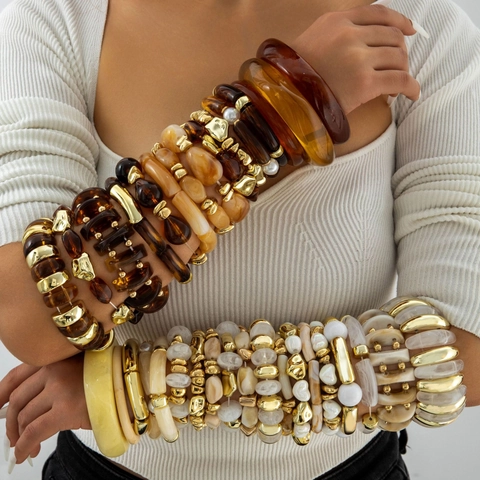 Vintage Chunky Acrylic Resin Bangle Bracelet Set Women Geometric Marble Pattern Amber Gold Color Block Stretch Jewelry