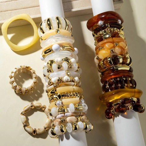Vintage Chunky Acrylic Resin Bangle Bracelet Set Women Geometric Marble Pattern Amber Gold Color Block Stretch Jewelry