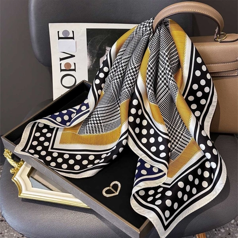 Women 100% Mulberry Satin Square Scarf Houndstooth Polka Dot Twill Print Neck Decorative Elegant Versatile Accessory