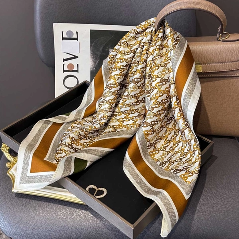 Elegant Mulberry Silk Square Scarf For Women Vintage Chain Print Silk Neck Head Wrap Luxury Fashion Commuting Silk Foulard