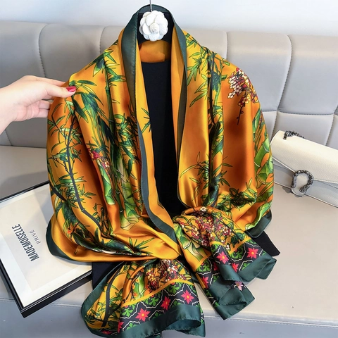 Écharpe Élégante En Fausse Satin Long Châle Imprimé Floral Bambou Léger Satin Style Chinois Vintage Femme