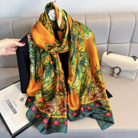 Écharpe Élégante En Fausse Satin Long Châle Imprimé Floral Bambou Léger Satin Style Chinois Vintage Femme