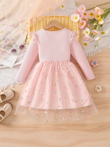 Girls' Long Sleeve Ribbed Knit Mesh Tulle Dress With Daisy Embroidery Pink Princess Party Dress For Kids