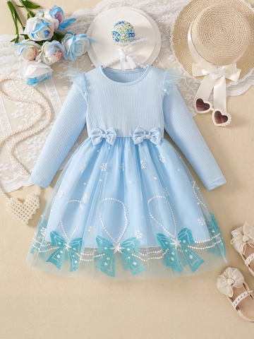 Girls Long Sleeve Princess Dress Cotton Blend Ribbed Top Mesh Patchwork Skirt With Snowflake Bowknot For Party Spring Autumn