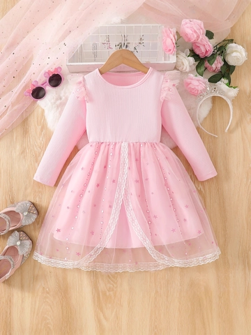 Girls Sweet Princess Dress Long Sleeve Cotton Blend Mesh Tulle Star Pattern Sequin Lace Patchwork Dress For Party Birthday
