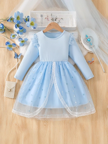 Girls Sweet Princess Dress Long Sleeve Cotton Blend Mesh Tulle Star Pattern Sequin Lace Patchwork Dress For Party Birthday