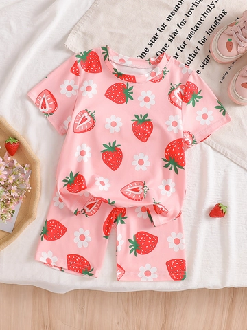 Girls Summer Pajamas Set Cartoon Strawberry Flower Print Short Sleeve Pullover Top And Shorts Loungewear For Kids Home Wear