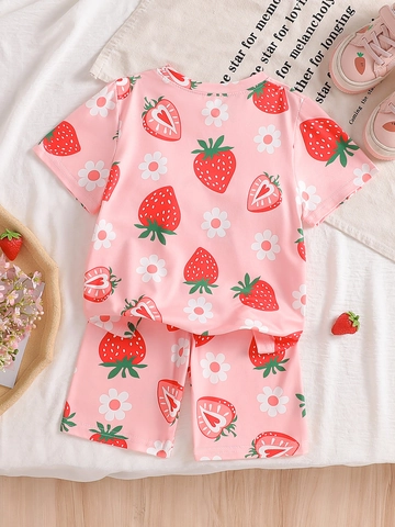 Girls Summer Pajamas Set Cartoon Strawberry Flower Print Short Sleeve Pullover Top And Shorts Loungewear For Kids Home Wear