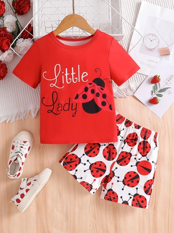 Girls Summer 2 Piece Outfit Set Ladybug Print Short Sleeve Round Neck T-Shirt And Shorts Casual Clothing Sets For Kids