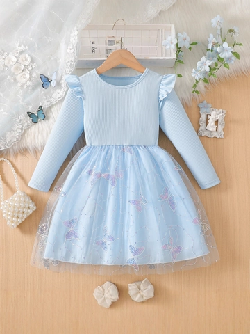 Abito Maniche Lunghe Bambina Gonna Tulle Ricamo Farfalla Maglia Coste Volant Vestito Principessa Outfit Festa