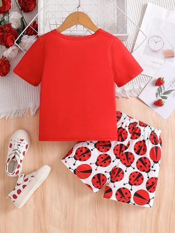 Girls Summer 2 Piece Outfit Set Ladybug Print Short Sleeve Round Neck T-Shirt And Shorts Casual Clothing Sets For Kids