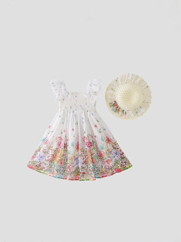 Vestito Floreale Senza Maniche Per Ragazze E Cappello Di Paglia Misto Cotone Stile Principessa Pastorale Estate Bambini