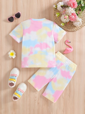 Completo Casual In Misto Cotone Per Ragazze Con T-Shirt A Maniche Corte Con Stampa Fenicottero Tie Dye E Pantaloncini