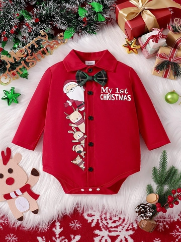 Pagliaccetto Neonato Maniche Lunghe Cotone Natale My 1st Christmas Stampe Cartoni Animati Con Papillon