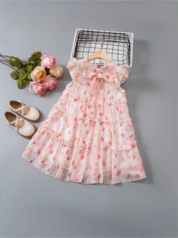 Robe de Princesse d'Été pour Petites Filles Imprimé Tulipes Manches Volantes Volants Robe à Étages Vêtements Décontractés de Fête