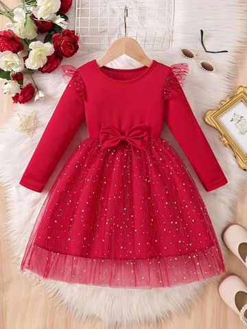 Abito da Principessa a Maniche Lunghe in Maglia Tutù per Ragazze Con Paillettes a Stella d'Oro e Grande Fiocco per Feste