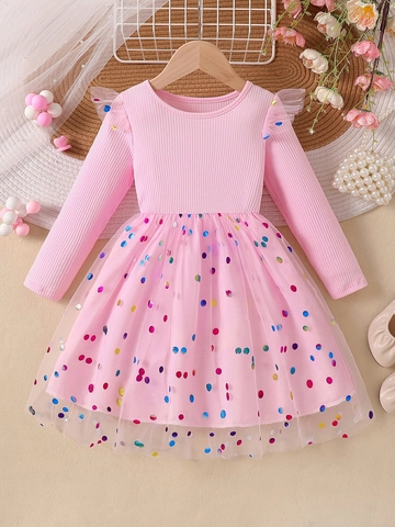 Girls Long Sleeve Cotton Blend Mesh Tutu Dress Polka Dot Colorful Sequin Princess Party Dress For Spring Autumn