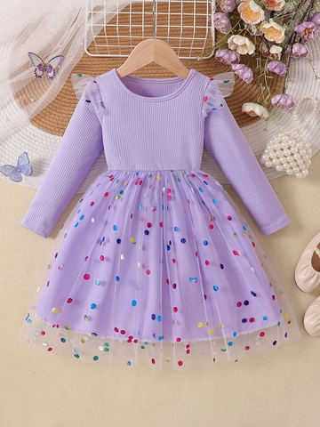 Girls Long Sleeve Cotton Blend Mesh Tutu Dress Polka Dot Colorful Sequin Princess Party Dress For Spring Autumn