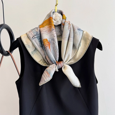 Square Scarf Elegant Chinese Landscape Painting Printed Mulberry Satin And Wool Blend Double Sided Neck Scarf For Women