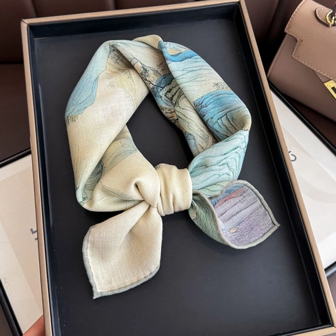 Square Scarf Elegant Chinese Landscape Painting Printed Mulberry Satin And Wool Blend Double Sided Neck Scarf For Women