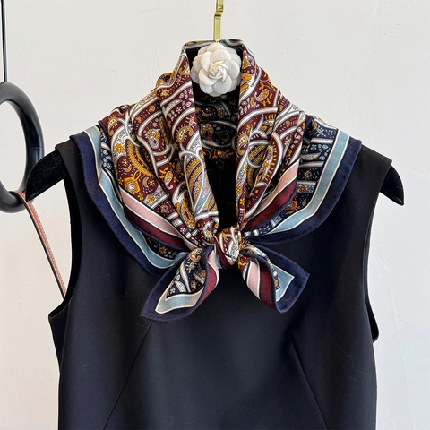 Paisley Printed Square Scarf Mulberry Satin And Wool Blend Double Sided Vintage Elegant Necktie For Women