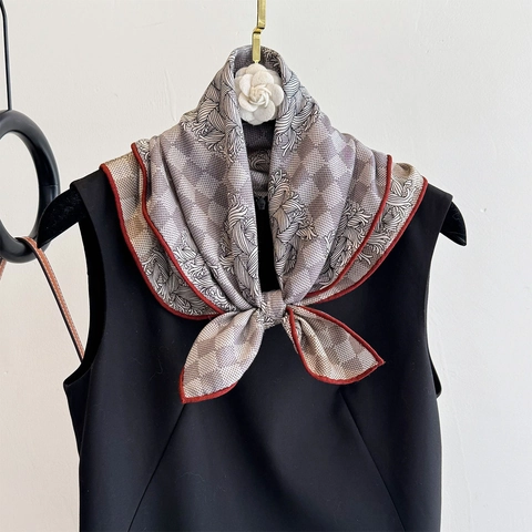 Satin Wool Blend Square Scarf Luxury Hand Rolled Edge Checkerboard Print Elegant Double Sided Wrap For Women