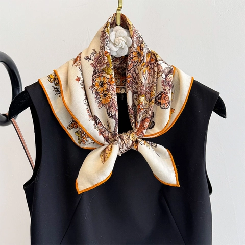 Elegant Satin Wool Blend Square Scarf Vintage Butterfly Floral Print Double Sided Luxury Neck Scarf For Women