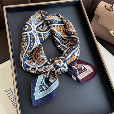 Paisley Printed Square Scarf Mulberry Satin And Wool Blend Double Sided Vintage Elegant Necktie For Women
