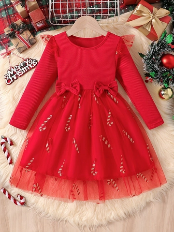 Vestido de Navidad de Manga Larga para Niñas Patchwork de Malla Vestido de Princesa Con Lazo Estampado de Bastón de Caramelo para Niños Conjuntos de Fiesta