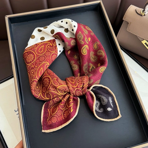Foulard Quadrato In Misto Raso E Lana Stampa Paisley Pois Vintage Elegante Sciarpa Da Collo Taschino