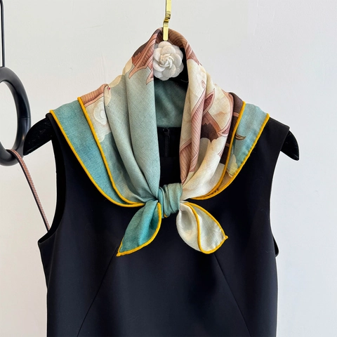 Satin Wool Blend Square Scarf Chinese Style Crane Print Double Sided Versatile Fashion Neck Wrap Headband For Women