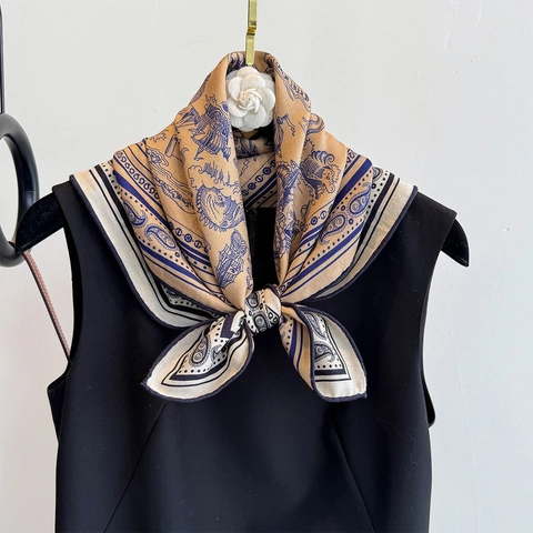 Vintage Nautical Square Scarf Satin Wool Blend Paisley Print Sailing Ship Mermaid Illustration Fashion Neck Wrap Shawl