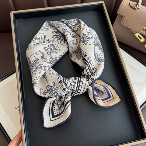 Vintage Nautical Square Scarf Satin Wool Blend Paisley Print Sailing Ship Mermaid Illustration Fashion Neck Wrap Shawl
