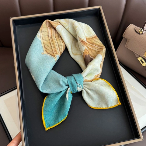 Satin Wool Blend Square Scarf Chinese Style Crane Print Double Sided Versatile Fashion Neck Wrap Headband For Women